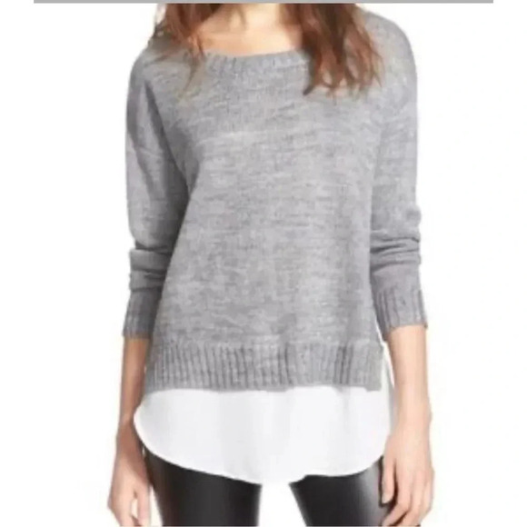 ASTR The Label Wool Blend Crew Neck Sweater Sz S Gray Mock Layer Chiffon White - Picture 1 of 5